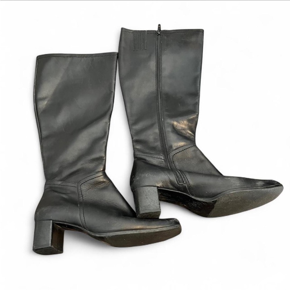 Classic Black Leather Women's knee high chunky block heel Boots USED square toe